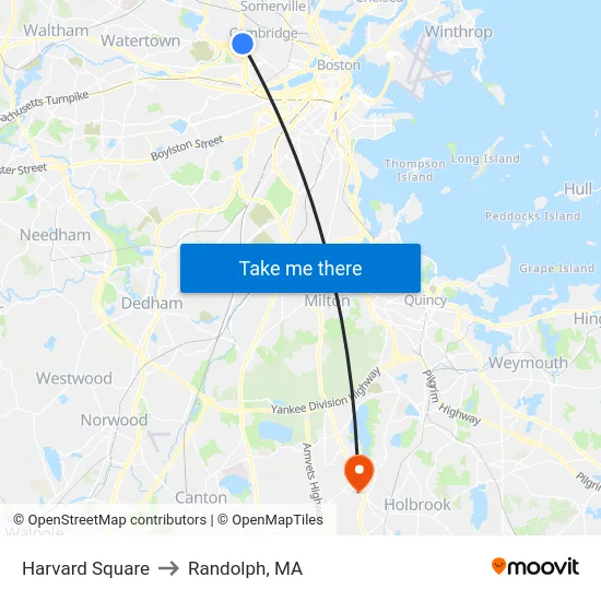 Harvard Square to Randolph, MA map