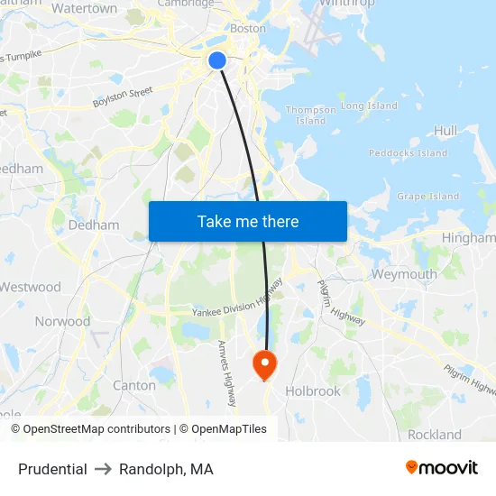 Prudential to Randolph, MA map