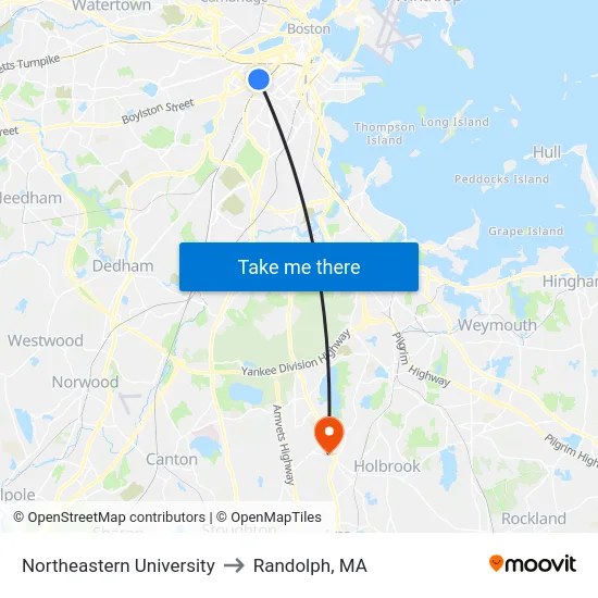 Northeastern University to Randolph, MA map