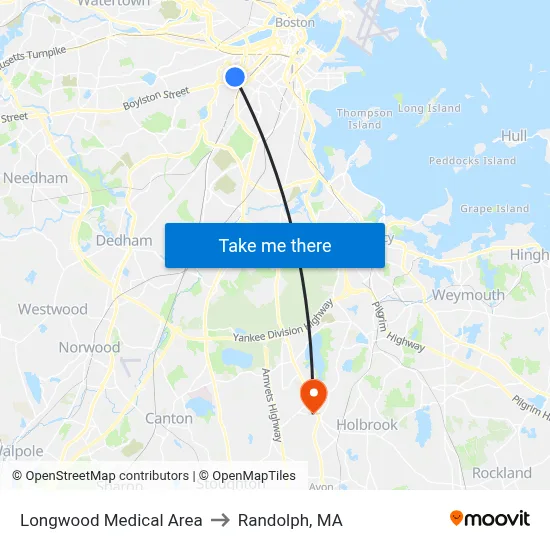 Longwood Medical Area to Randolph, MA map