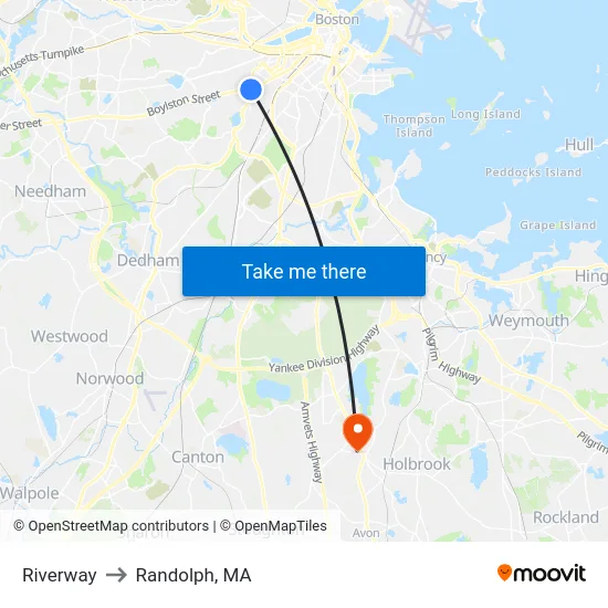 Riverway to Randolph, MA map