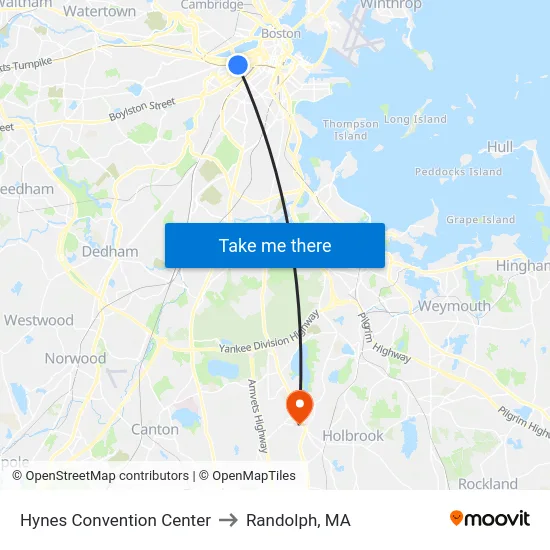 Hynes Convention Center to Randolph, MA map
