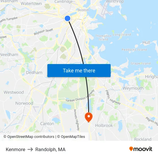 Kenmore to Randolph, MA map