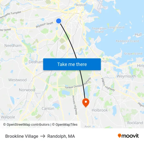 Brookline Village to Randolph, MA map