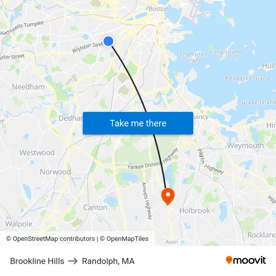 Brookline Hills to Randolph, MA map