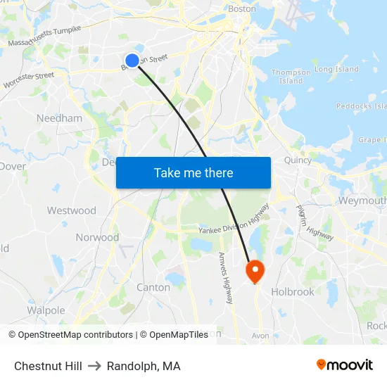 Chestnut Hill to Randolph, MA map
