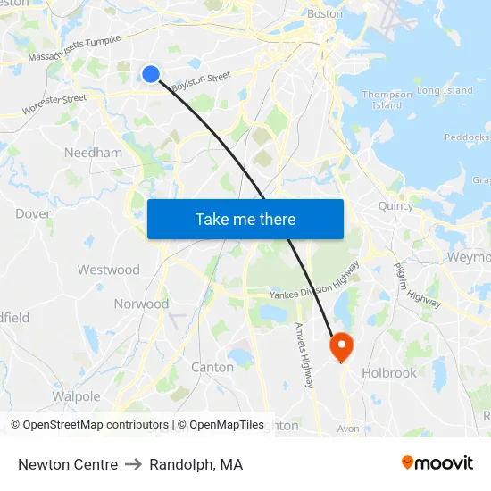 Newton Centre to Randolph, MA map