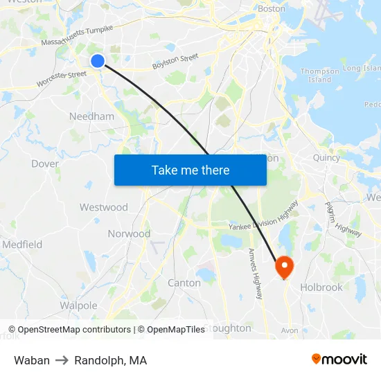 Waban to Randolph, MA map