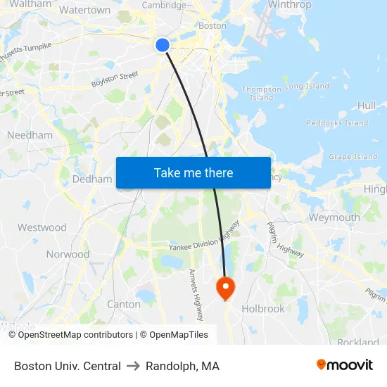 Boston Univ. Central to Randolph, MA map
