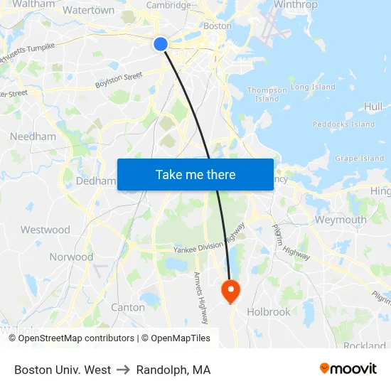 Boston Univ. West to Randolph, MA map