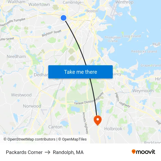Packards Corner to Randolph, MA map