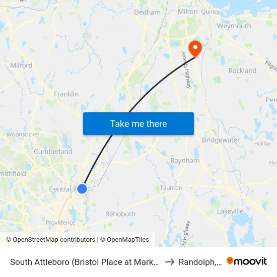 South Attleboro (Bristol Place at Market Basket) to Randolph, MA map