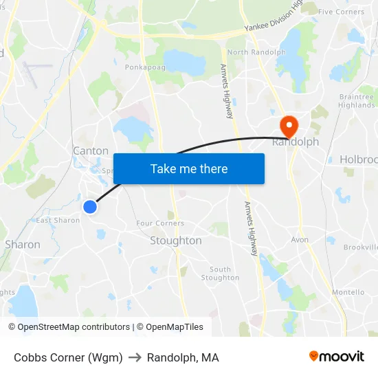 Cobbs Corner (Wgm) to Randolph, MA map