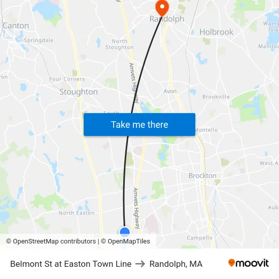 Belmont St at Easton Town Line to Randolph, MA map