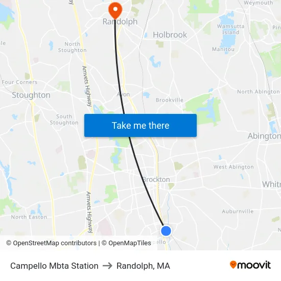 Campello Mbta Station to Randolph, MA map