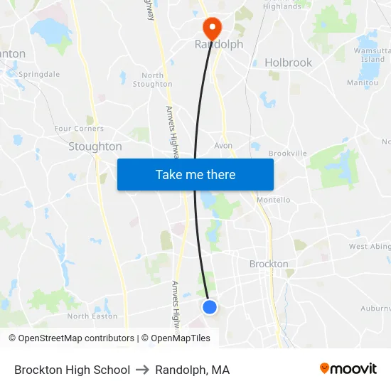 Brockton High School to Randolph, MA map