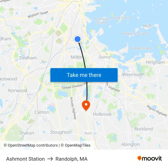 Ashmont Station to Randolph, MA map