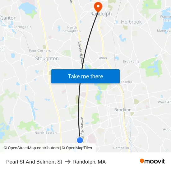 Pearl St And Belmont St to Randolph, MA map