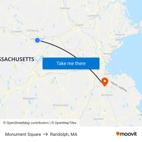 Monument Square to Randolph, MA map