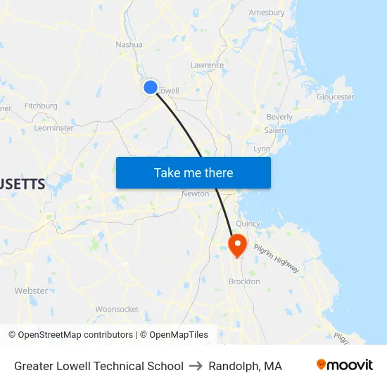 Greater Lowell Technical School to Randolph, MA map