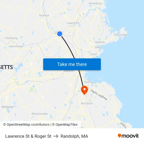Lawrence St & Roger St to Randolph, MA map