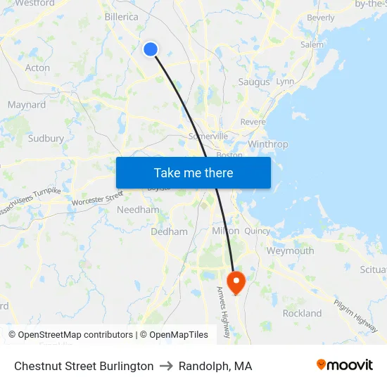 Chestnut Street Burlington to Randolph, MA map