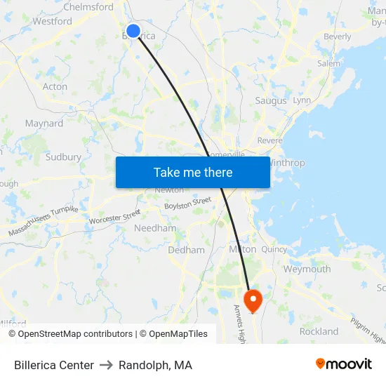 Billerica Center to Randolph, MA map