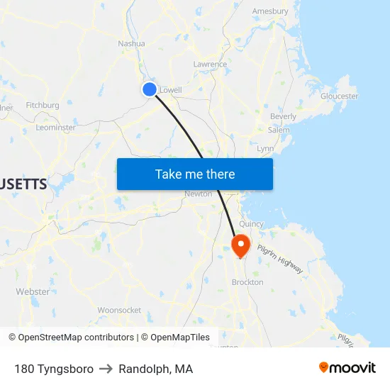 180 Tyngsboro to Randolph, MA map