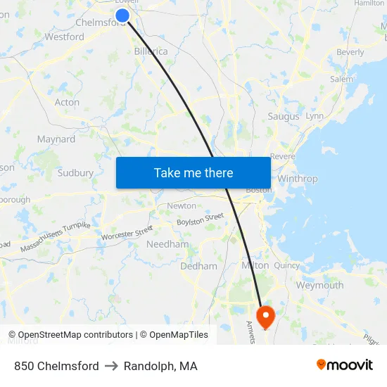 850 Chelmsford to Randolph, MA map