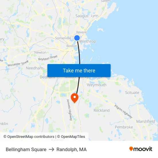 Bellingham Square to Randolph, MA map