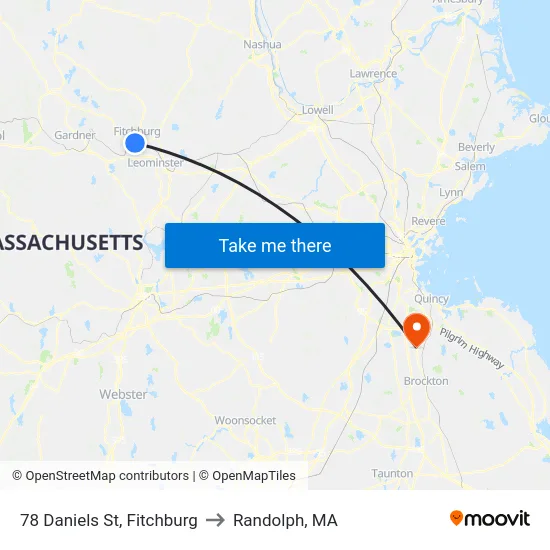 78 Daniels St, Fitchburg to Randolph, MA map