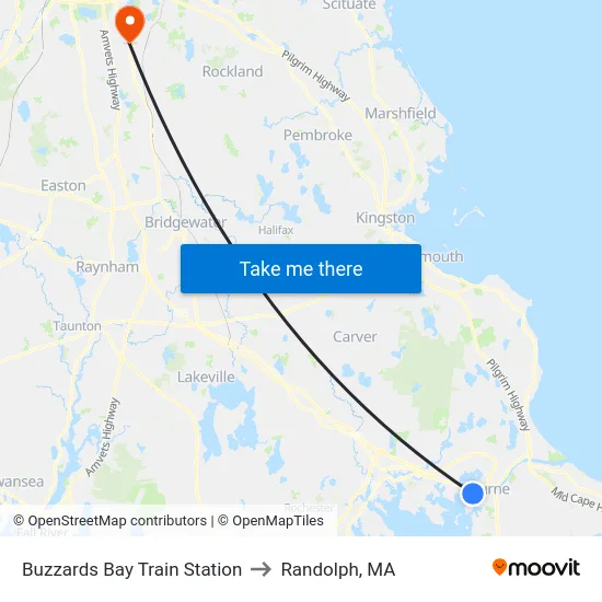 Buzzards Bay Train Station to Randolph, MA map