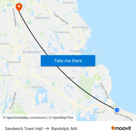 Sandwich Town Hall to Randolph, MA map