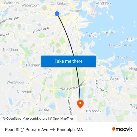 Pearl St @ Putnam Ave to Randolph, MA map