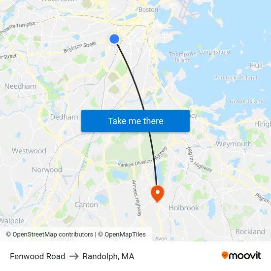 Fenwood Road to Randolph, MA map