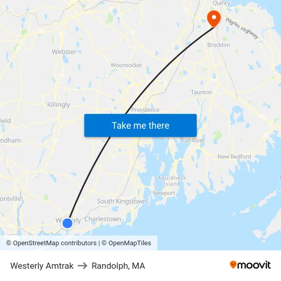Westerly Amtrak to Randolph, MA map