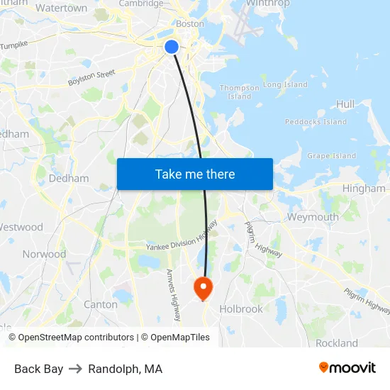 Back Bay to Randolph, MA map