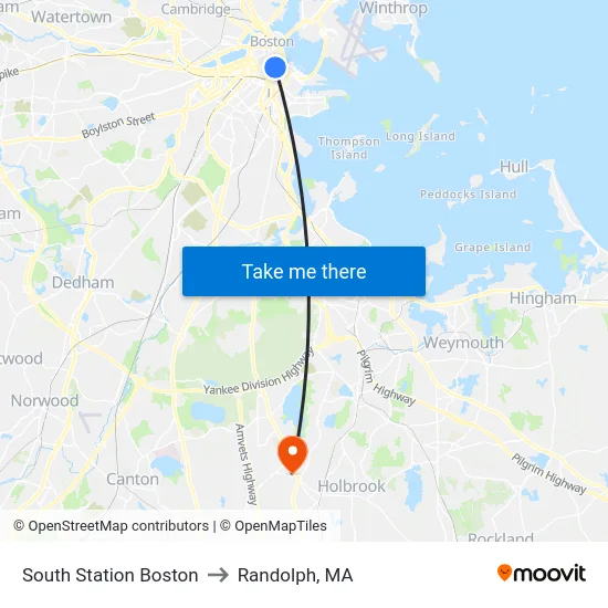 South Station Boston to Randolph, MA map