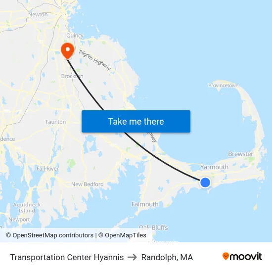 Transportation Center Hyannis to Randolph, MA map