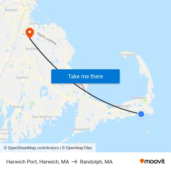 Harwich Port, Harwich, MA to Randolph, MA map