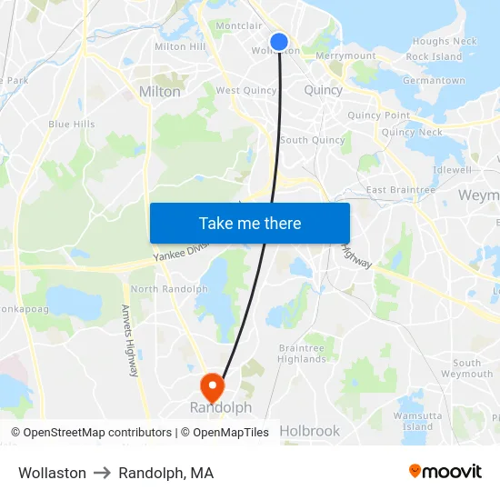 Wollaston to Randolph, MA map