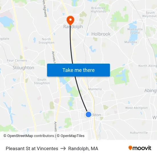 Pleasant St at Vincentes to Randolph, MA map