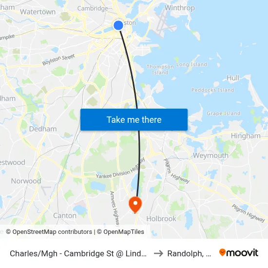 Charles/Mgh - Cambridge St @ Lindall Pl to Randolph, MA map