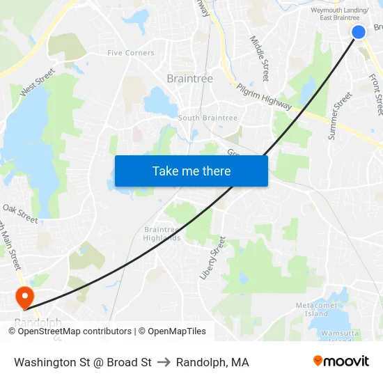 Washington St @ Broad St to Randolph, MA map
