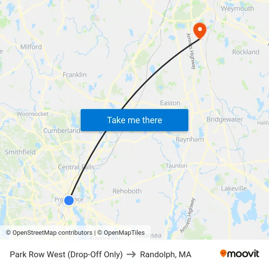 Park Row West (Drop-Off Only) to Randolph, MA map
