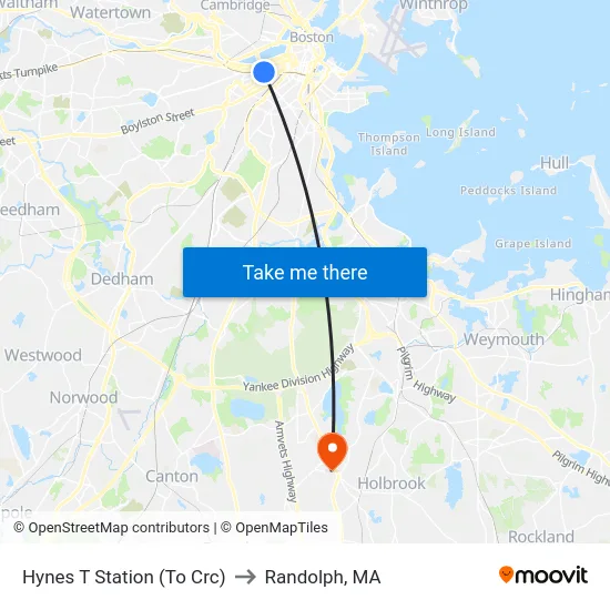 Hynes T Station (To Crc) to Randolph, MA map