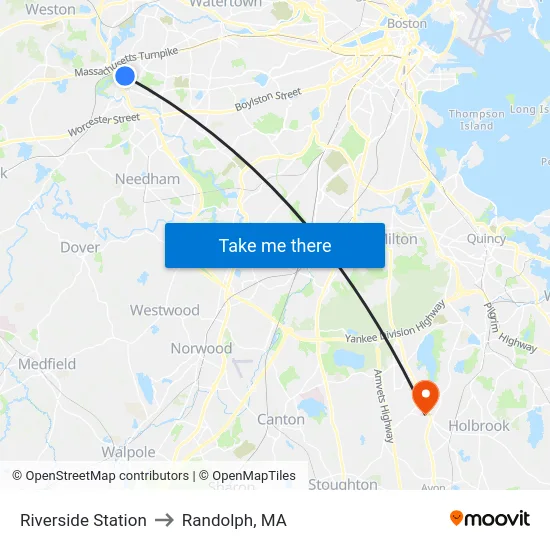 Riverside Station to Randolph, MA map