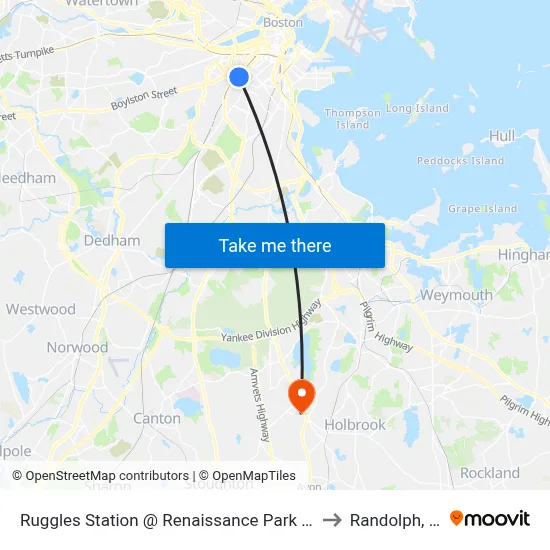 Ruggles Station @ Renaissance Park Garage to Randolph, MA map