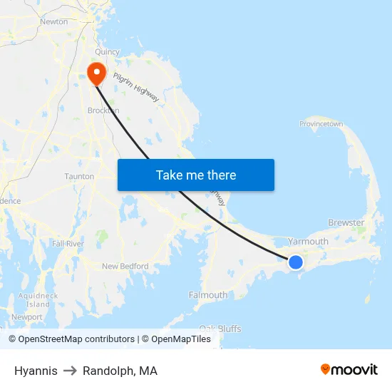 Hyannis to Randolph, MA map