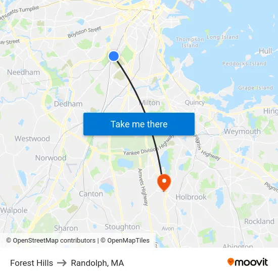 Forest Hills to Randolph, MA map